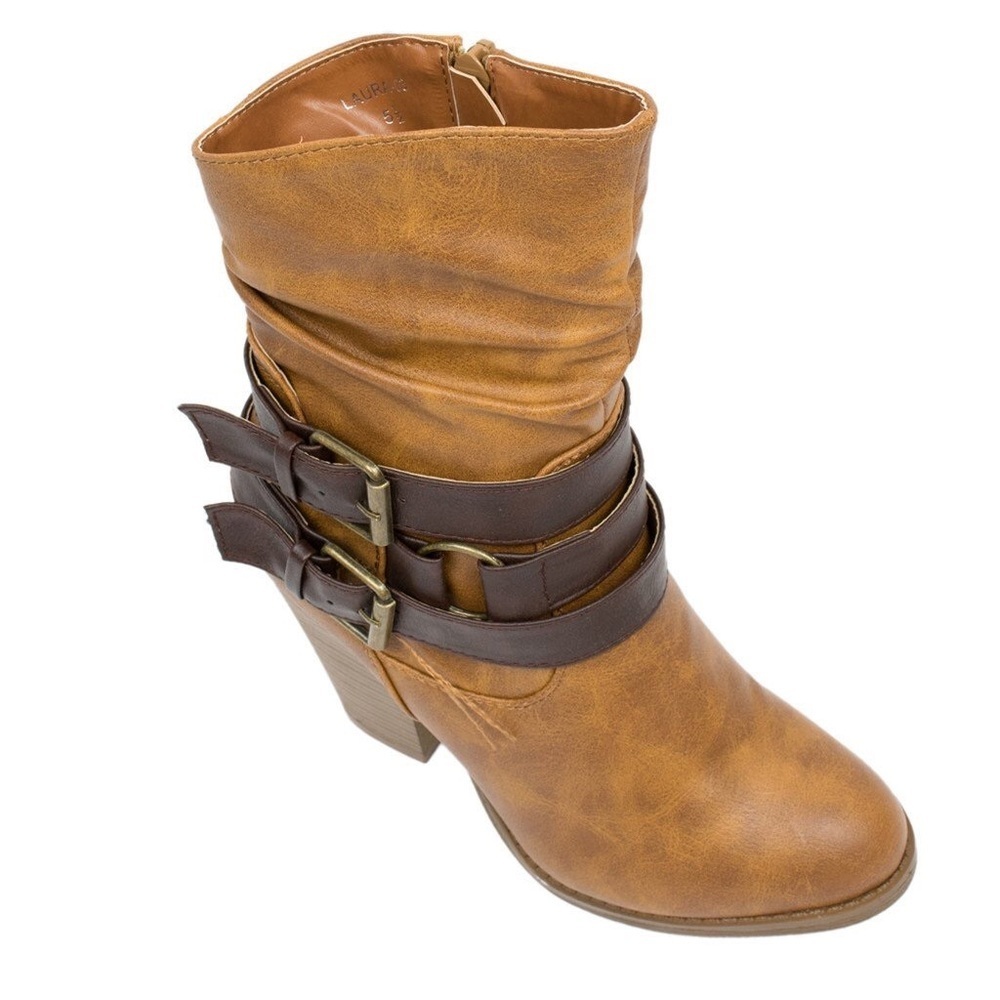 Tan Strap Buckle Boot Heel